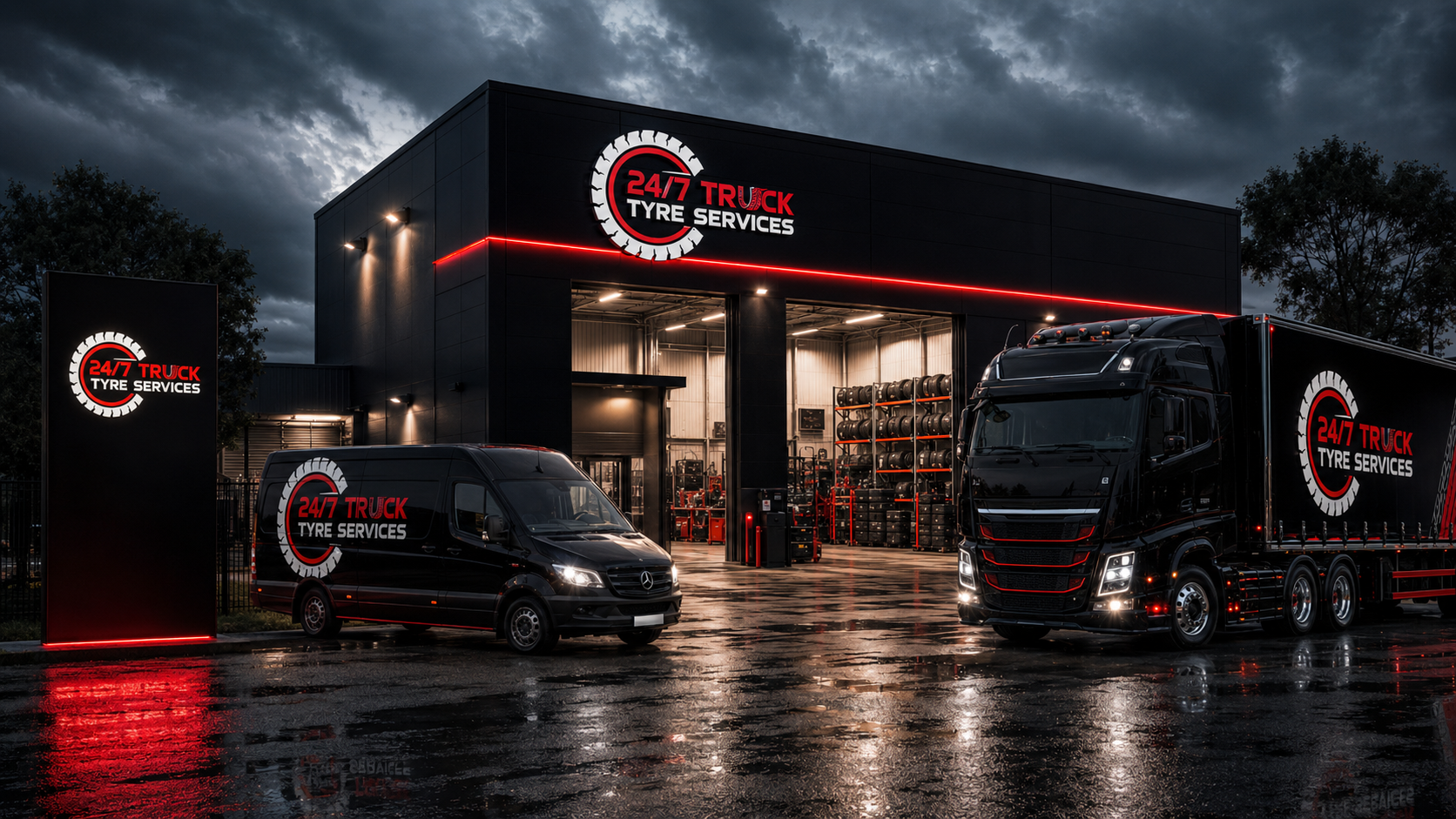 24/7 Truck Tyre Services facility exterior at dusk